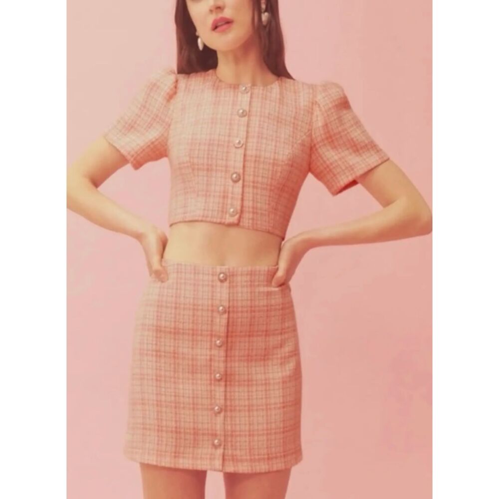 Reformation Nicky Two Piece Tweed Crop Top & Skirt Set Coral Pink Size 4
